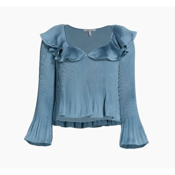 Derek Lam 10 Crosby Charis Pleated Ruffle Whimsy Top Long Bell Sleeves Blue S - Picture 1 of 15
